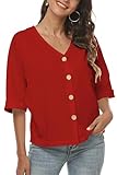 LNX Womens V Neck Button Down Linen Shirts Short Sleeve Casual Blouses Summer Tops Red
