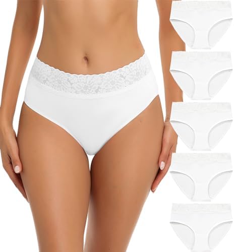 Wealurre Damen Unterhosen Baumwolle Slip Damen Unterwäsche Spitze | 5er Pack Unterhosen Damen, Basic Damenslip Mittlerer Taille,Spitze Damenunterwäsche,Bequem Panties Frauen, Etike