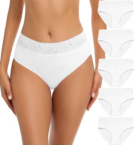 Wealurre Bragas Mujer Algodon y Encaje Braguitas Cintura Media Suaves y Cómodas Ropa Interior Pack de 5,M,White