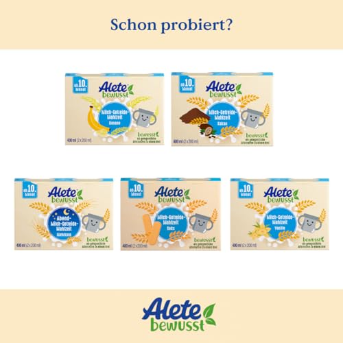 Alete bewusst Milch-Getreide-Mahlzeit Mehrkorn mit Honiggeschmack, ab dem 10. Monat, trinkfertige Babynahrung als Ersatz zu Babybrei, warm oder kalt trinken, 400 ml (2 x 200 ml)