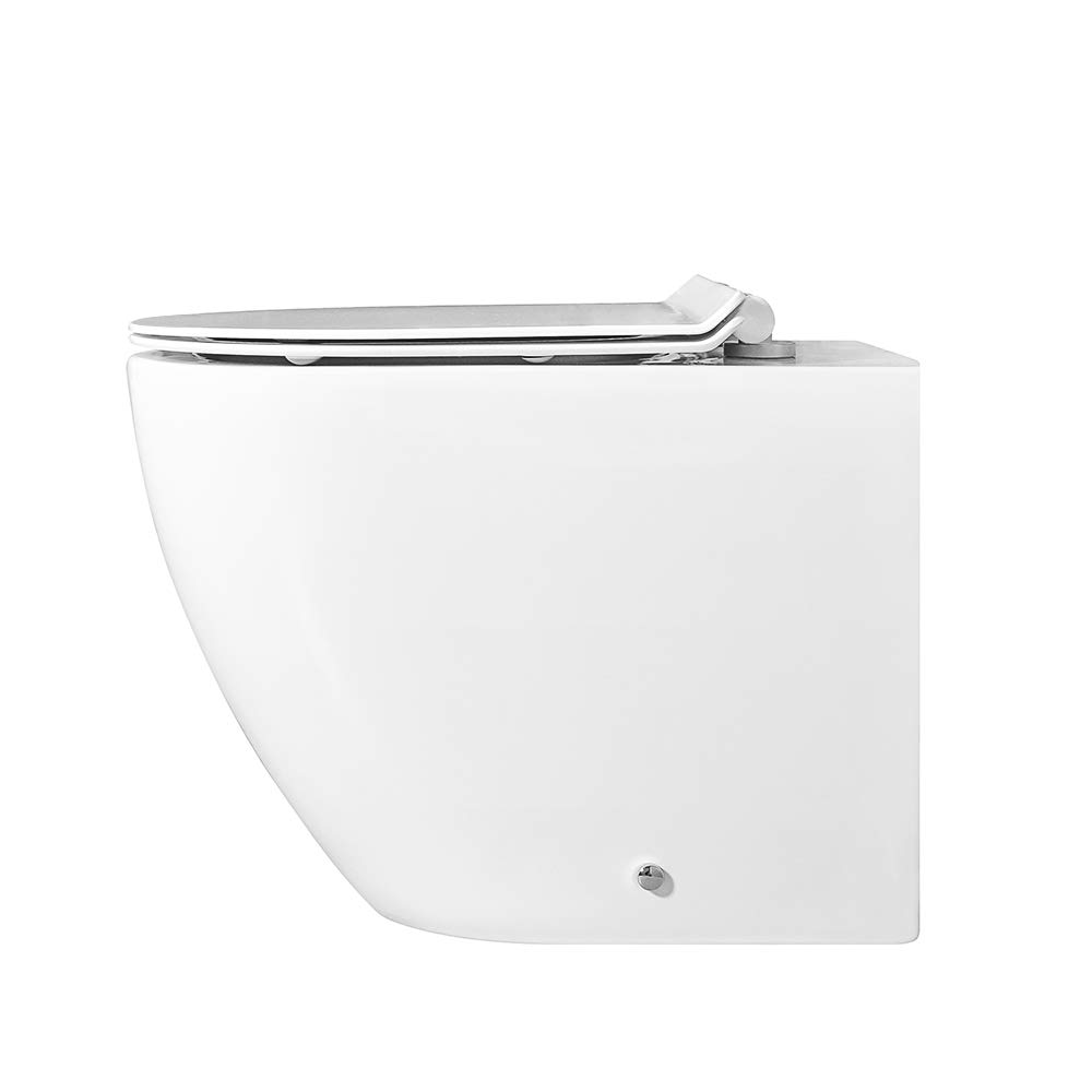 Sanitari filomuro in ceramica bianco lucido con brida e scarico traslato a parete o pavimento, sedile originale soft-close con sgancio rapido, linea FLAN