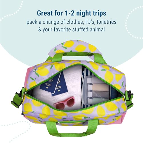 Image of Wildkin Kids Overnighter Duffel Bag - Carry-On Travel Bag for School & Sleepovers, Lightweight, Durable, Boys & Girls Ages 4-15 - Lilac Lemonade