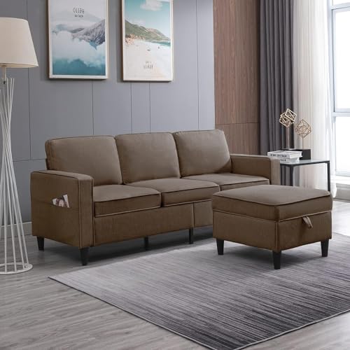 Caradel Dario Interchangeable 3 Seater Sofa with Ottoman Storage for Living Room Brown | Fabric Sofa Set 3 Seater 1 Ottoman | 4 Seater L Shape Sofas for Bedroom Hall