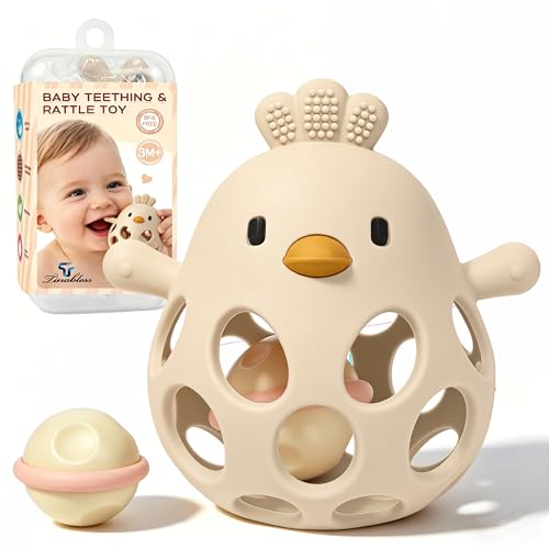 Image of Tinabless 2-in-1 Baby Teether Rattle Toy, Easy Grip Silicone Teething Toy for Babies 3-12 Months, BPA-Free Sensory Chew Toy for Sore Gums, Infant Shower Gift (Beige w /Rattle)