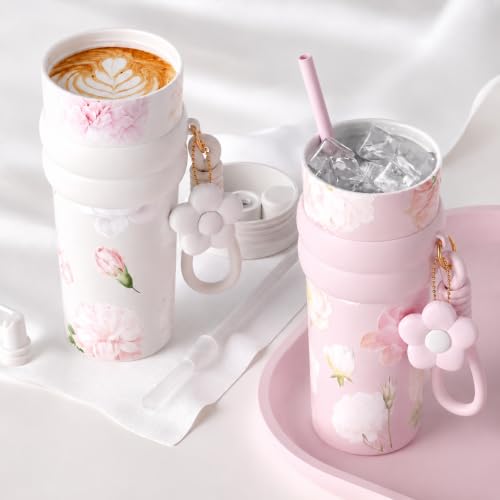 Image of Pink Floral Tumbler for Women, Stainless Steel Tumbler 710 ml, Birthday Graduation Gifts for Women Mom Sister Best Friends, Pink Floral Travel Coffee Gift Gym Travel Yoga Cup