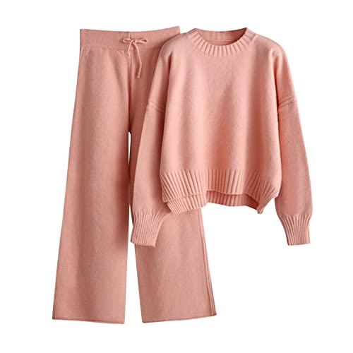 Women Autumn and Winter Fashion Temperament Loose Casual Wide Leg Round Neck Top and Pants Knitted (Pink, One Size)