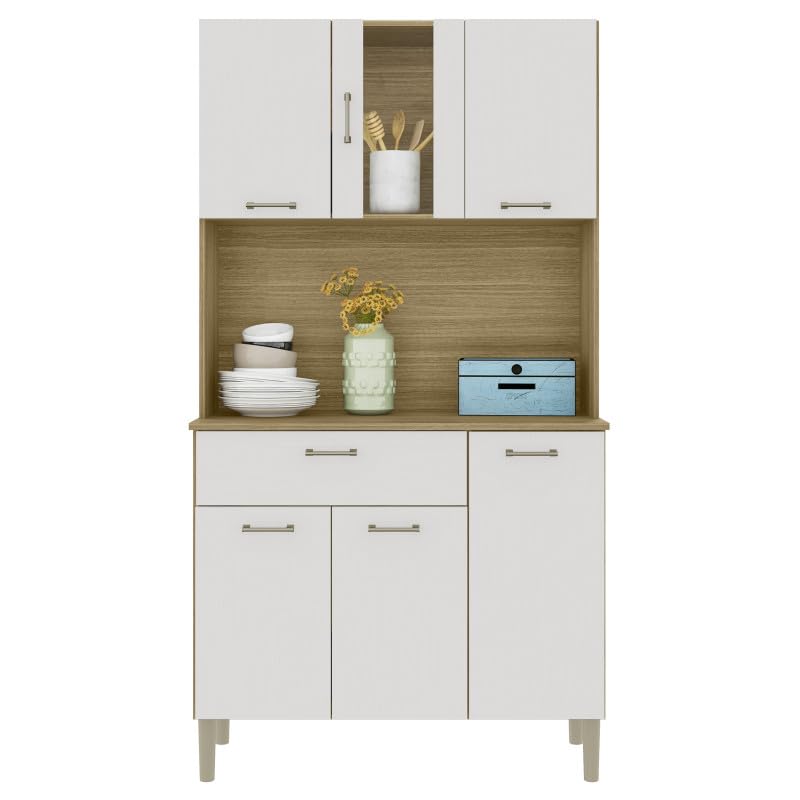ACTUAL DIFFUSION Buffet de Cuisine 6 Portes 1 Tiroir Chêne et Blanc 5 Niches L92 H170.5 P36.3 cm