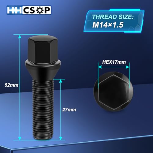 14x1.5 Lug Bolts, 20 Pcs Black Wheel Bolts 27mm Shank 17mm Hex 52mm Length Conical Seat for Audi A1 A2 A3 A4 A5 A6 A7 A8 S4 S5 S6 S7 S8 TT, for Volkswagen VW Beetle CC Golf Jetta Eos Corrado Passat