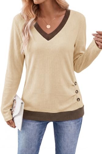 SENBATU Pullover Damen Strickpullover Langarm Sweatshirt Kontrast Oberteil | V-Ausschnitt,Langarm,Seitliche Tasten,Farbblockierung,Elegant Casual Langarmshirt,Basic Leicht Kleidung