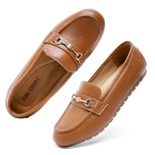 Women's Wide Loafers Casual Slip on Flats Comfort Dressy Shoes Brown.P by COOL COSER C
