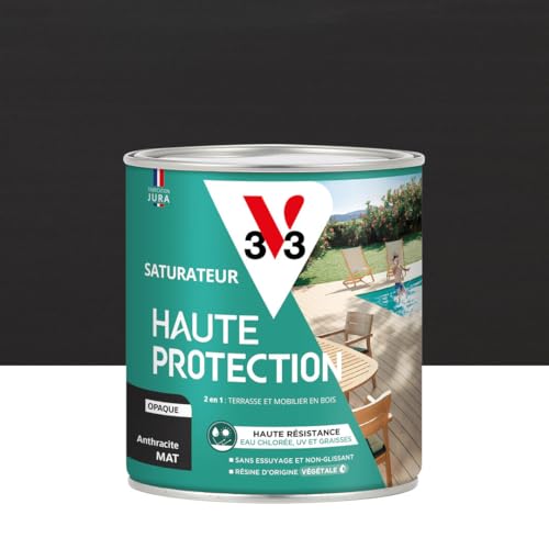 V33 Saturateur bois extérieur Anthracite mat - Pour terrasses et mobilier de jardin - Haute résistance eau chlorée, UV et graisse - Sans essuyage et non glissant - Résine d'origine végétale - 0,75L
