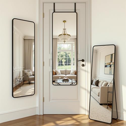 SEECCUB 3-in-1 Full Length Mirror 150cm*40cm - Stands, Leans on Wall or Hangs with Hardware, Height-Adjustable Hangers for Home Decor,Living Room,Bedroom Rounded Corner (Black)
