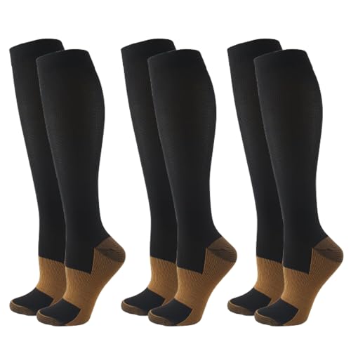 3Pairs Copper Compression Pain Relief Socks for Men & Women | 20-30mmHg Full Coverage, Knee-High Support for Improved Circulation | Ideal for Sports, Travel, Nurses, Maternity & Recovery (Black, XXL)