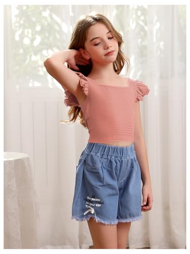 Image of OYOANGLE Girl's Casual Solid Ruffle Trim Cap Sleeve Square Neck Cute Crop Tank Tops T-Shirts