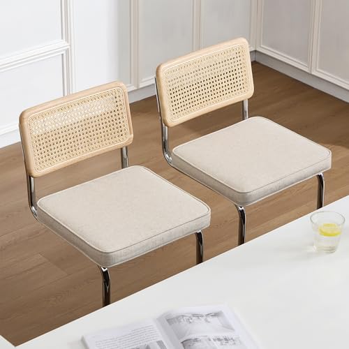 Image of Zesthouse Natural Rattan Counter Stools Set of 2, 26'' Modern Counter Height Barstools, Thin Linen Bar Stools with Solid Wood Back, Mid Century Cantilever Bar Chairs for Kitchen Island, Beige Grayish