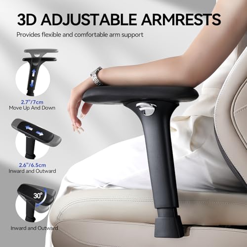 EMIAH Ergonomic Desk Chair, Reclining Office Chair with Footrest, Adjustable Armrests High Back Gaming Chair,Big and Tall Executive Computer Chair with Headrest and Lumbar Support, PU Leather White - Image 5