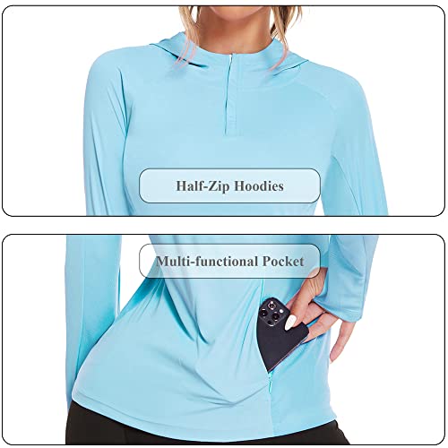 Coorun Women's Spf Pullover Half-Zip Workout Hoodie With Thumbhole Hiking Tops Clear Blue #TOP2