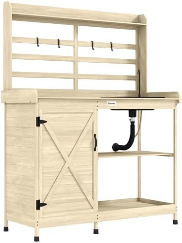 Outsunny Outdoor Wooden Potting Bench Table with Sink and Water Tap, Garden Workstation with Storage Cabinet, Storage Shelves for Backyard, Patio, Balcony, Natural Outsunny Outdoor Wooden Potting Bench Table with Sink and Water Tap, Garden Workstation with Storage Cabinet, Storage Shelves for Backyard, Patio, Balcony, Natural