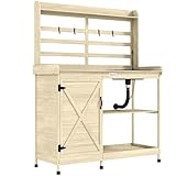 Outsunny Outdoor Wooden Potting Bench Table with Sink and Water Tap, Garden Workstation with Storage Cabinet, Storage Shelves for Backyard, Patio, Balcony, Natural