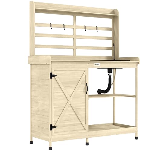 Outsunny Outdoor Wooden Potting Bench Table with Sink and Water Tap, Garden Workstation with Storage Cabinet, Storage Shelves for Backyard, Patio, Balcony, Natural