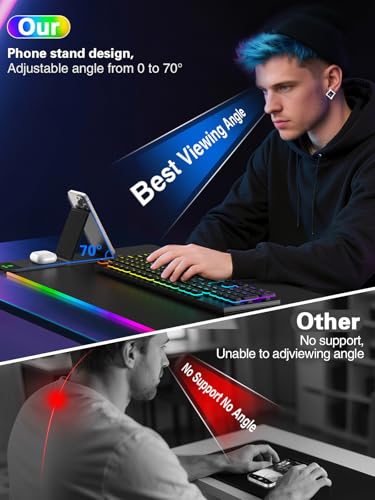 Image of Mouse Pad with Foldable Phone Holder & Wireless Charger, XXL RGB Gaming Mousepad 31.5 inchx15.8 inch Large Desk Mat for Keyboard, Black Desk Pad with Dual Qi Charging Station | 11 Colors 5 Modes | Waterproof