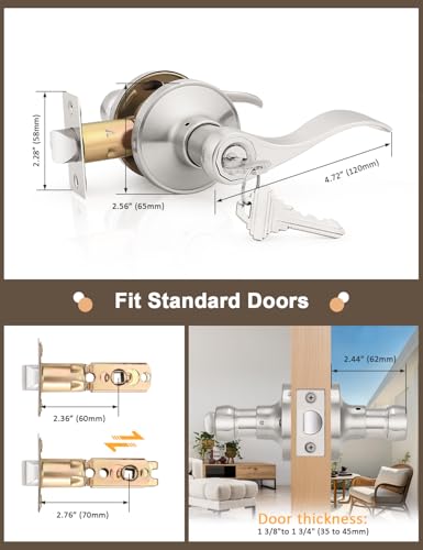 Image of Gobrico 5 Pack Keyed Entry Lever with Same Key, Satin Nickel Wave Door Handle Set, Exterior Door Knobs with Lock and Key