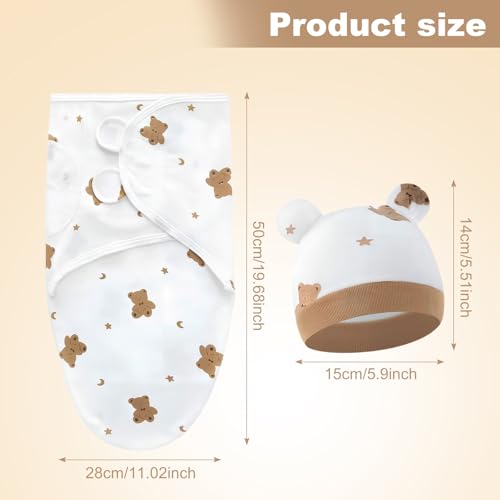 Newborn Swaddle Blanket Wrap,73 ×50cm Breathable Cotton Swaddle Wrap,Easy Swaddle Blanke with Hat,Baby Essentials,Snug Skin-Healthyfor 0-6 Months Newborn Unisex (Brown Bear Pattern) - Image 3