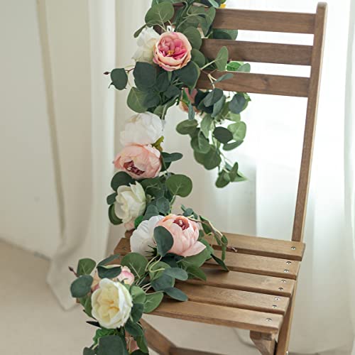 Floweroyal 2 Pack Artificial Flower Garlands 11.2Ft Eucalyptus Garlands With Flowers 8 Head Peony Flower Vine Faux Floral Garland For Wedding Arch Table Wall Backdrop Wreath Decoration. (Pink & White) #TOP5