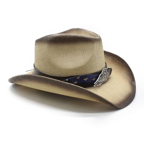 TIANQUXNGI Panama Chapeau de paille Western à large bord pour femme homme tenue décontractée Western paille homme femme unisexe, Riz brun, 1-2
