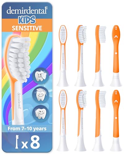 demirdental Kids Toothbrush Heads Compatible with Philips Sonicare Kids Toothbrush Heads - Replacement Heads Sensitive - Brush Heads from Ages 7 to 10 - Orange - Replaces HX6048-8 Pack -  demirdental compatible with Philips Sonicare Kids