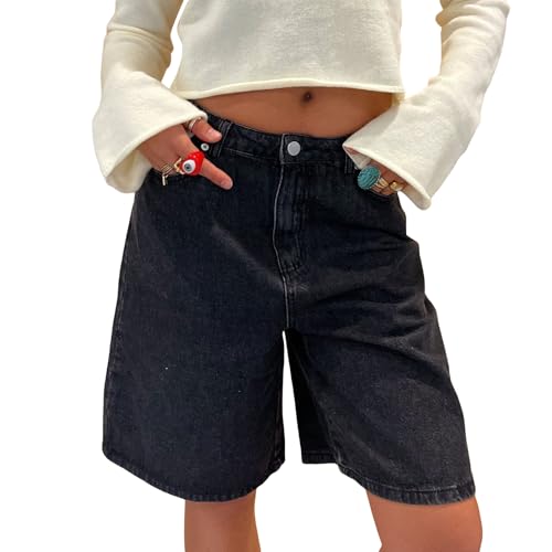Felcia Knielange Denim-Shorts für Damen, lässig, locker, weites Bein, lange Shorts, Sommer, Stretch, Jeans-Shorts mit Taschen, D-schwarz, L