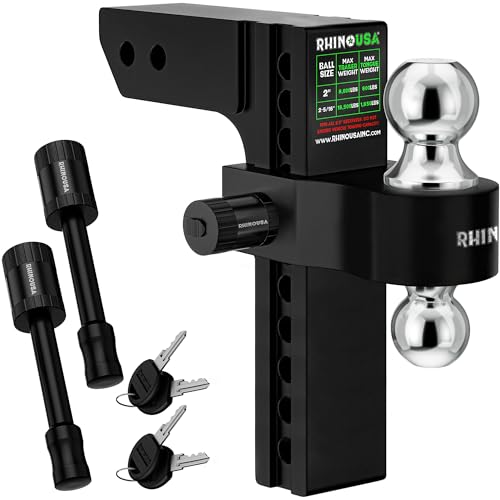 Image of Rhino USA Adjustable Trailer Hitch (Fits 2.5-Inch Receiver)-Heavy Duty Aluminum Tow Hitches with 10-Inch Drop /Rise for Truck (18,500 LBS GTW)- Weatherproof Double Anti-Theft Locking Hitch Pins (Black)