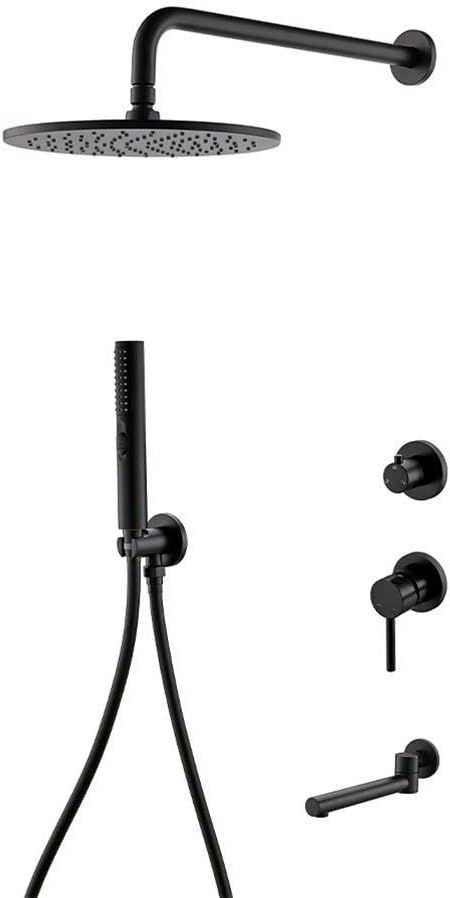 LUNEZY Shower Faucet System Set, Matt Black Bathtub Faucet Hot Cold Shower System Set Brass Arm Diverter Kit Mixer Tap with Hand Shower and Shower Hose,8 inch