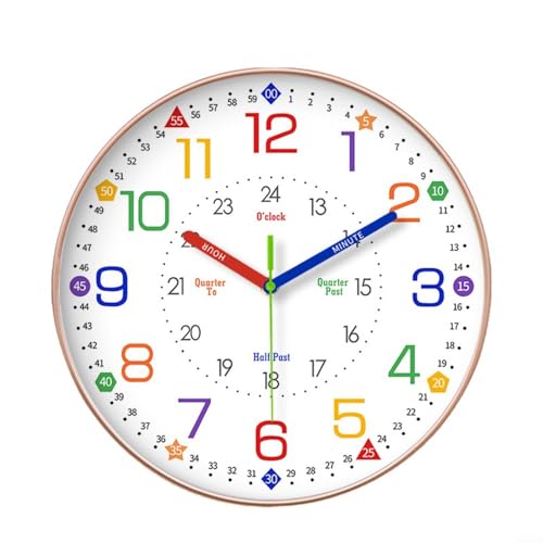 EXTRWORY Reloj de pared de aprendizaje silencioso para niños, decoración de estudio en casa, 10 pulgadas, 12 pulgadas, diseño vibrante, fácil instalación (marco dorado de 12 pulgadas)