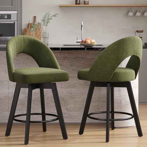 Image of YaFiti 24 inch Counter Height Swivel Bar Stools Set of 2, Green | Swivel Bar Stools with Ergonomic Curved Back, Fabric Upholstered Seat and Solid Wood Legs for Kitchen Island