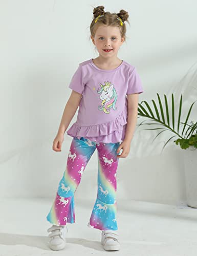 Puseky Toddler Baby Girl Clothes 4-5T Bell Bottoms Outfit Unicorn Short Sleeve Ruffle Shirt Flared Pant Set Little Girls Summer Outfits Purple #TOP1