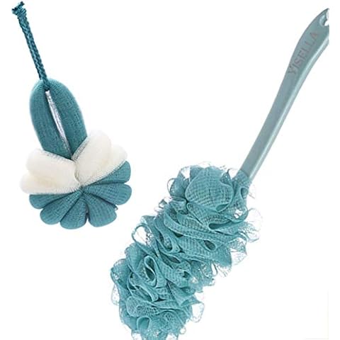 Yisella Back Brush 17" Long Handle for Shower,Nylon Mesh Loofah Back Scrubber (Blue and White) Cover