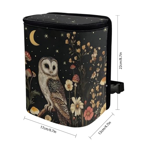 Image of Talayituse Owl Mushroom Daisy Flower Print Car Trash Bin, Large Size Auto Trash Can Adjustable Portable Garbage Can with Lid, Vehicle Hanging Bag for Headrest Front Back Seat