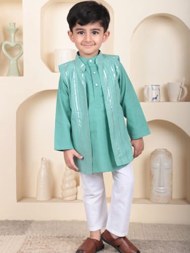 Image of POLKA TOTS Boys Cotton Ethnic Kurta Pajama Set with Attached Koti | Ethnic Motif Wear Kids Kurta Pyjama for Boys & Toddlers | Traditional Dress for Weddings & Festivals | Festive Jubba Set for Babies