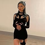 WRYIPSF Gothic Grunge Frauen Mini Kleider Punk Cyber ​​Bodycon Langarm Sommerkleid Schwarz Sexy Aushöhlen Party Clubwear-Schwarz_L.