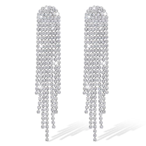 Boucles D'oreilles Strass, LucBuy Boucles D'oreilles Pendantes à Pampilles Argentées pour Femme, Bijoux Tendance, Légers et Ornés de Cristaux pour Mariage,...