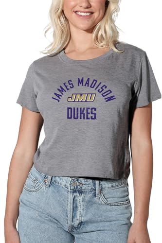James Madison University Official Dukes Logo Women's Crop Top T-Shirt, Athletic Heather, Medium