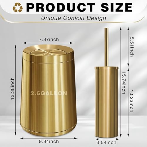 Maxdot 2 Pcs Gold Bathroom Trash Can with Flipping Lid 2.6 Gallon/10 L and Toilet Brush Set, Small Brushed Stainless Steel Garbage Trash Can and Toilet Brush with Holder for Bathroom Bedroom Office by Maxdot - Image 2