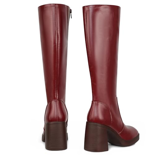 Image of SOVANYOU Black Leather Boots Platform Boots for Women Fashion Square Toe Chunky Block Heeled Boots Side Zip