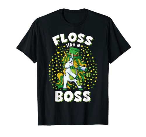 St Patricks Day Girls Unicorn Leprechaun Floss Like A Boss Camiseta