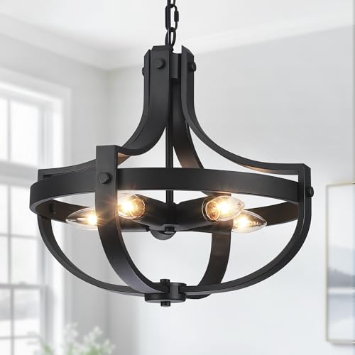 Image of XBSYEO 16.73" Black Farmhouse Light Fixtures, 5-Lights Vintage Cage Chandeliers Round Pendant Light for Dining Room Entryway Kitchen Island Living Room Hallway Foyer