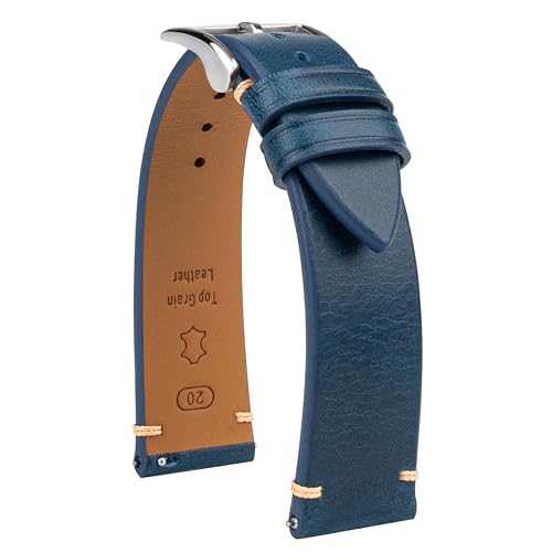 Gomvadr Handmade Slim Vintage Top Grain Leather Watch Strap, Quick Release, 18 mm/19 mm/20 mm/21 mm/22 mm, Silver/Black Buckle, Tan/Brown/Blue/Black/Coffee, Unisex for Men Women (Blue with Silver Buckle, 18mm)