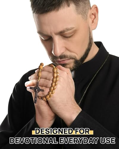 Image of Bovemee Saint Benedict Medal Prayer Pocket Rosary Catholic Brown Wood Beads with Medalla de san benitol and Crucifix, 9 Inch