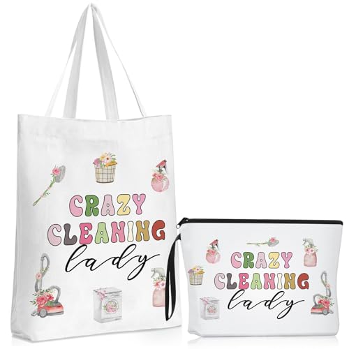 Housekeeping Appreciation Week Gifts Cleaning Bags for Housekeepers Custodian Cleaning Makeup Bag Cosmetic Pouch Canvas Tote Bag(6 Pcs,White)