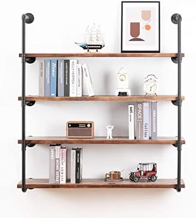CTHTESY Industrial Wall Mounted Pipe Shelving,Rustic Metal Floating Shelves,Steampunk Real Wood Bookcases,DIY Bookshelf Hanging Shelves, Kitchen Bar Office Home Storage (5-Tier with 4 Boards,48in)